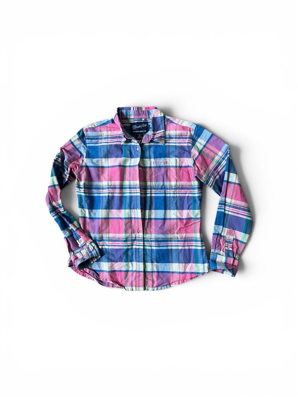 Wrangler Women’s Blue & Pink Plaid Button-Down Shirt